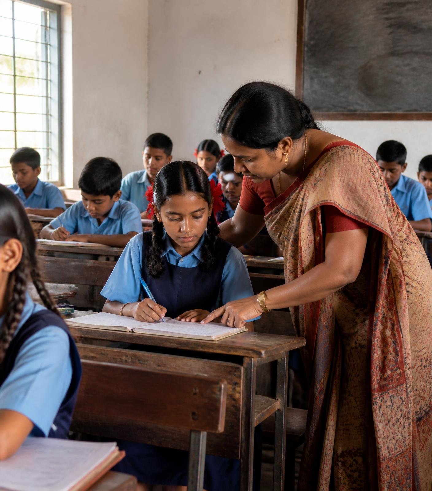 A teacher helping a student with classwork at A R Convent School