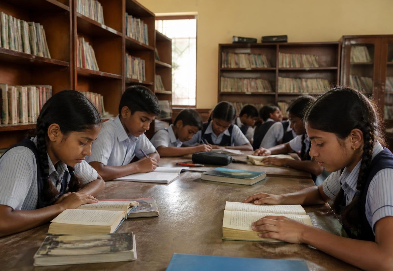 Students reading and writing in the school library