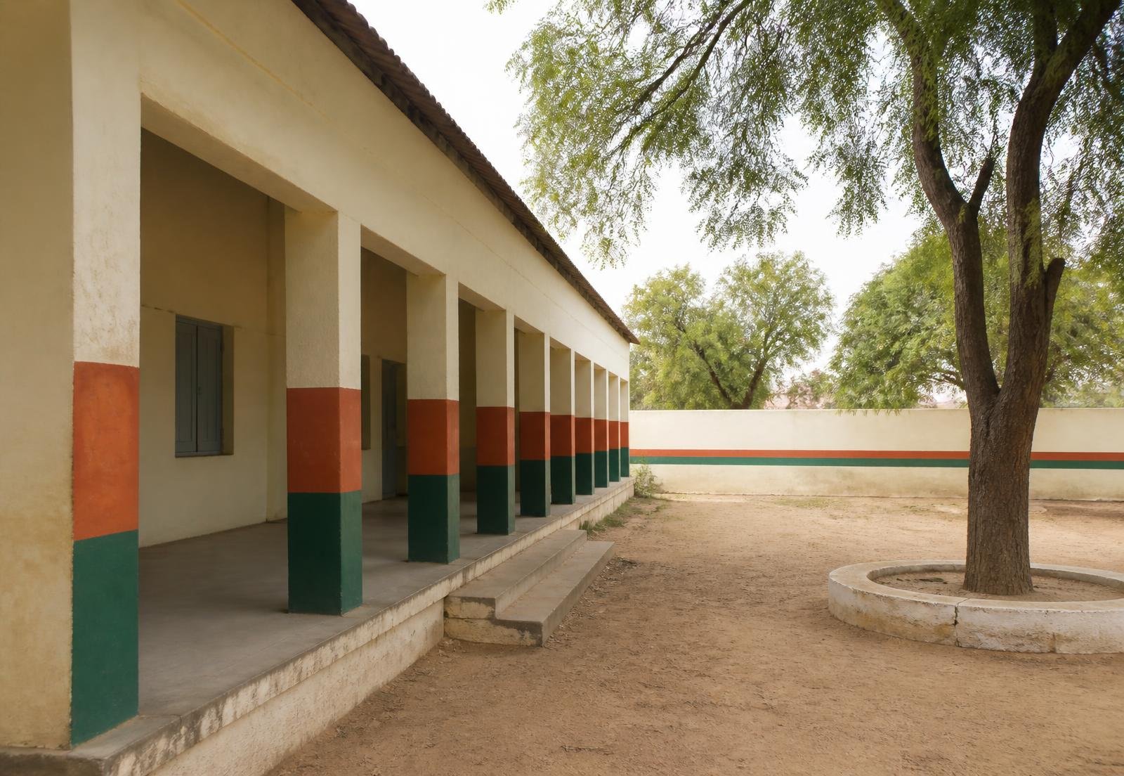 The school building corridor and courtyard in the morning